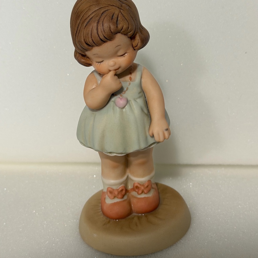 Enesco Little Girl Figurine in Pastel Green Dress and Brown Hair